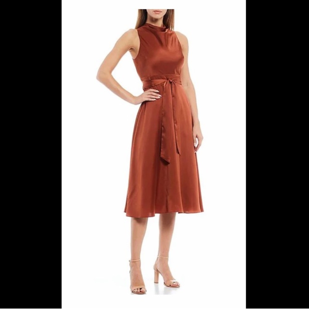 Antonio Melani Kinnon satin cowl neck toe waist sleeveless dress